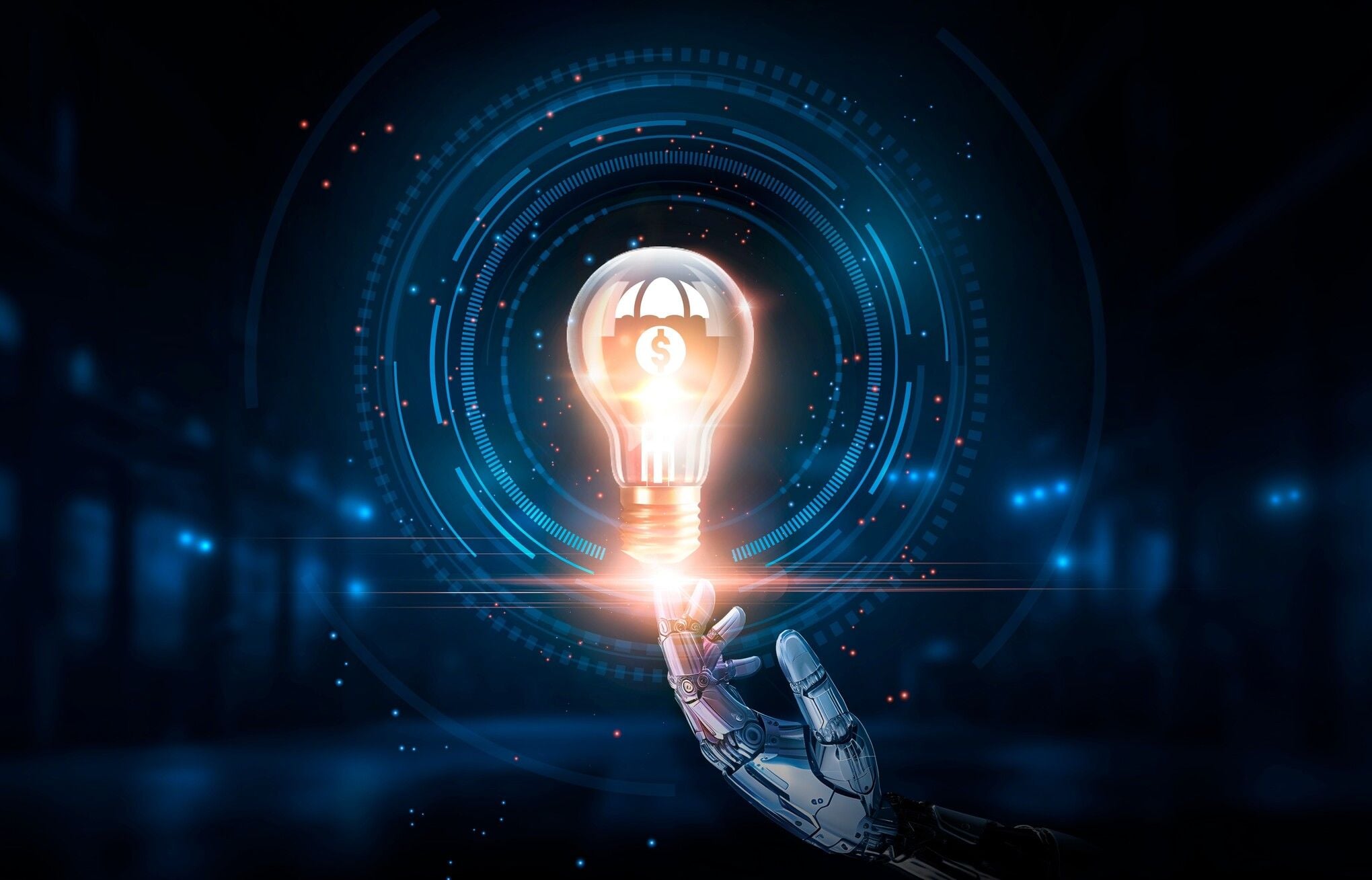 A robotic hand touching a glowing lightbulb that contains a dollar sign under an umbrella, symbolizing secure investments and innovation through custom AI development services