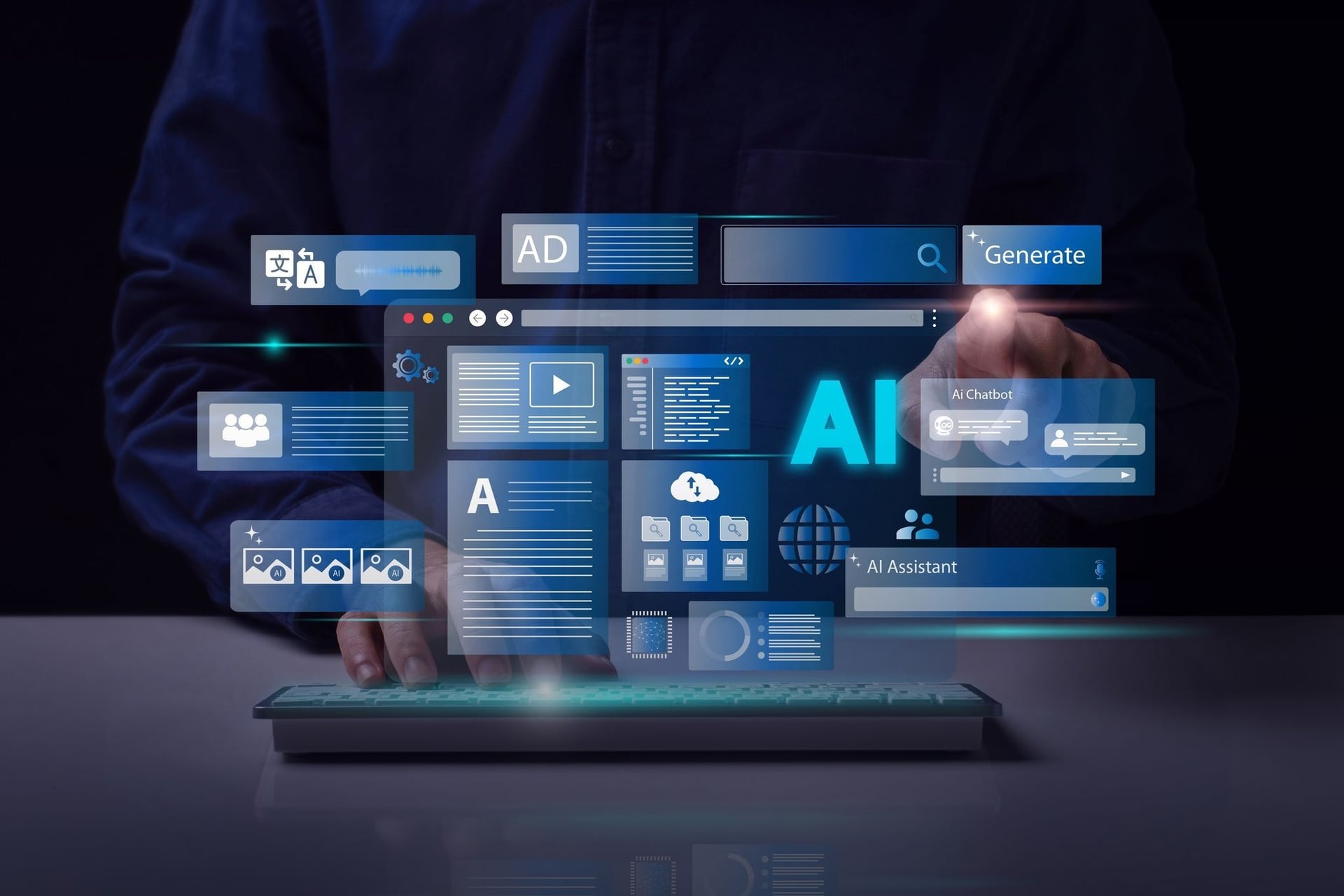 Software engineer interacting with digital dashboard impleminting an AI agent 