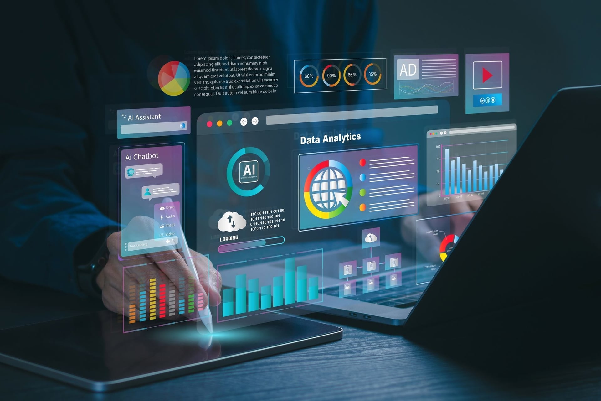 Software Engineer interacting with a digital dashboard creating an artificial intelligence to automate process
