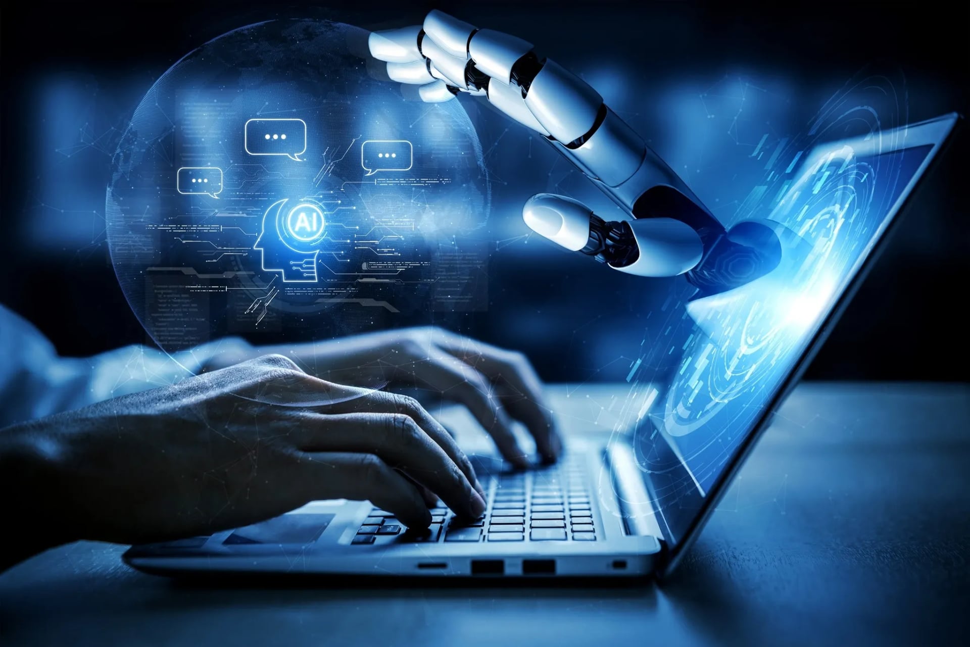 A human hand typing on a laptop alongside a futuristic robotic arm, with glowing digital chat bubbles and an AI icon floating above the screen, representing artificial intelligence in customer service.