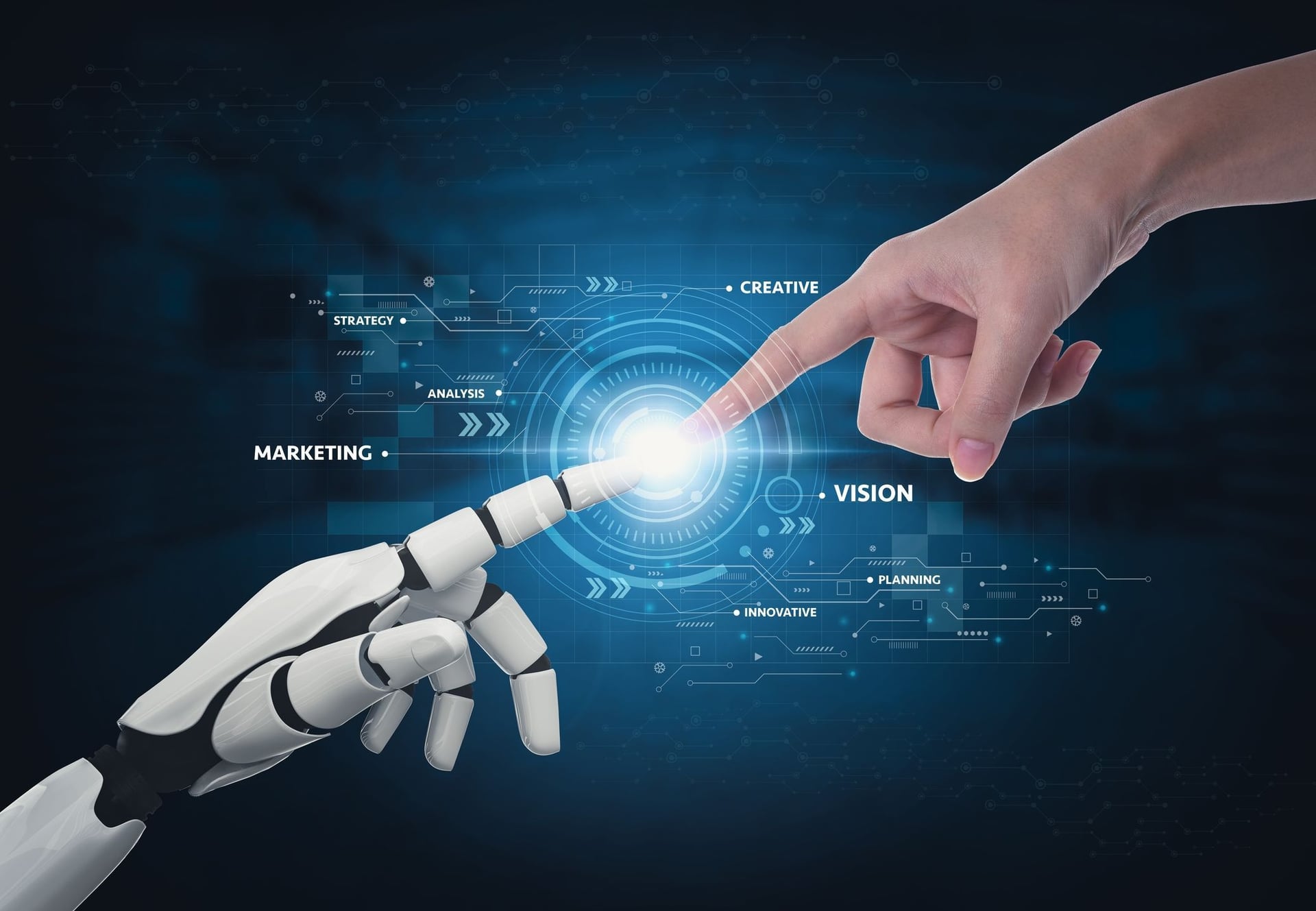 Human hand and robot hand interacting with each other represinting how ai can revolutionize the human being