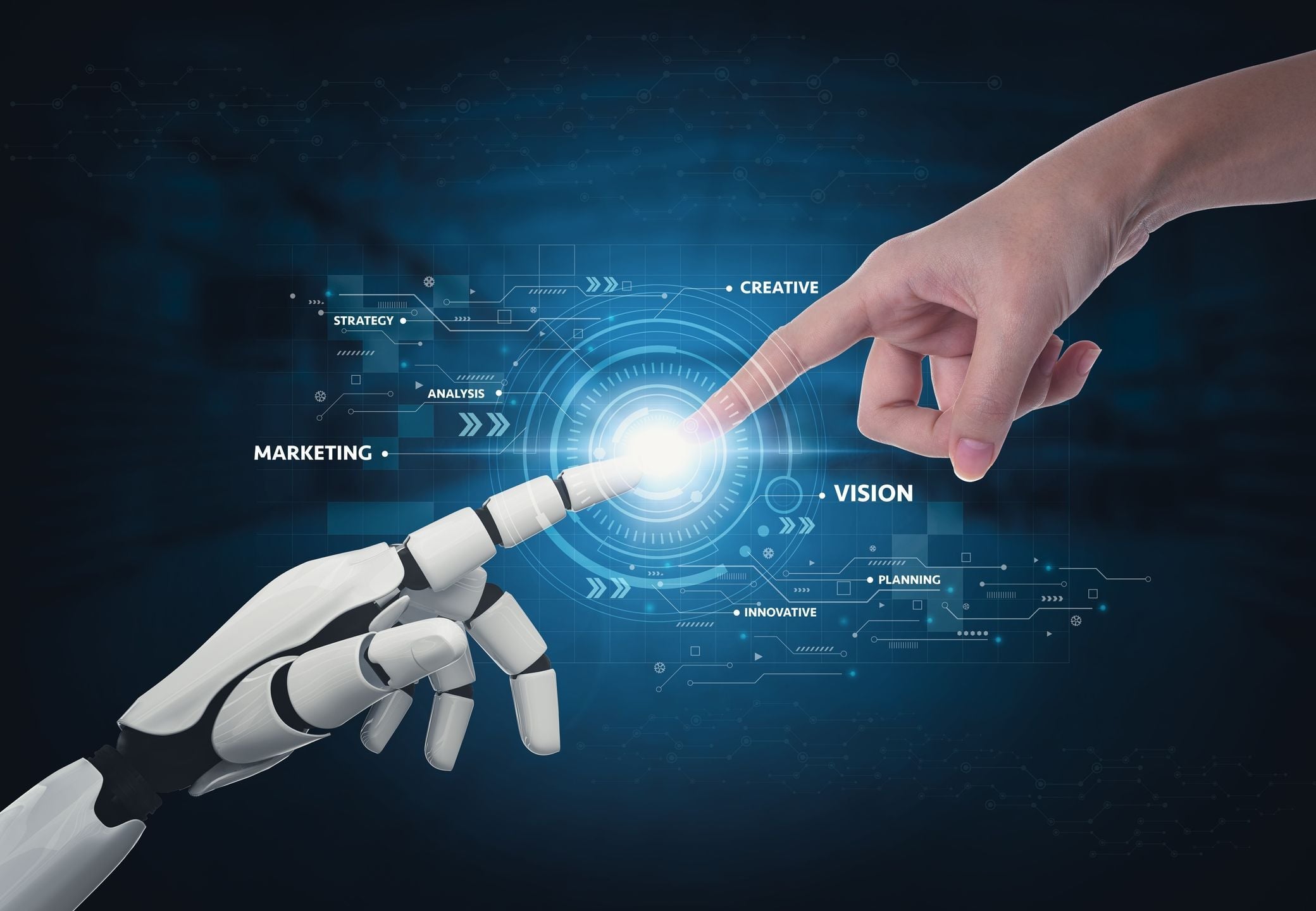 Human hand and robot hand interacting with each other represinting how ai can revolutionize the human being