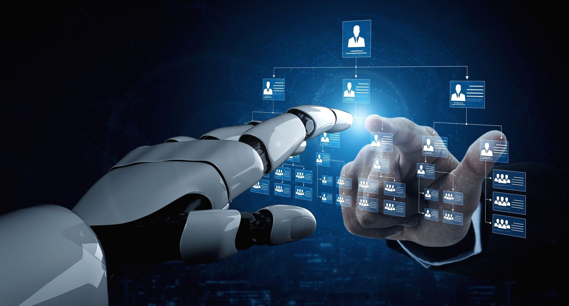 A futuristic holographic interface on a laptop, representing the practical tools used to manage AI strategy and results.