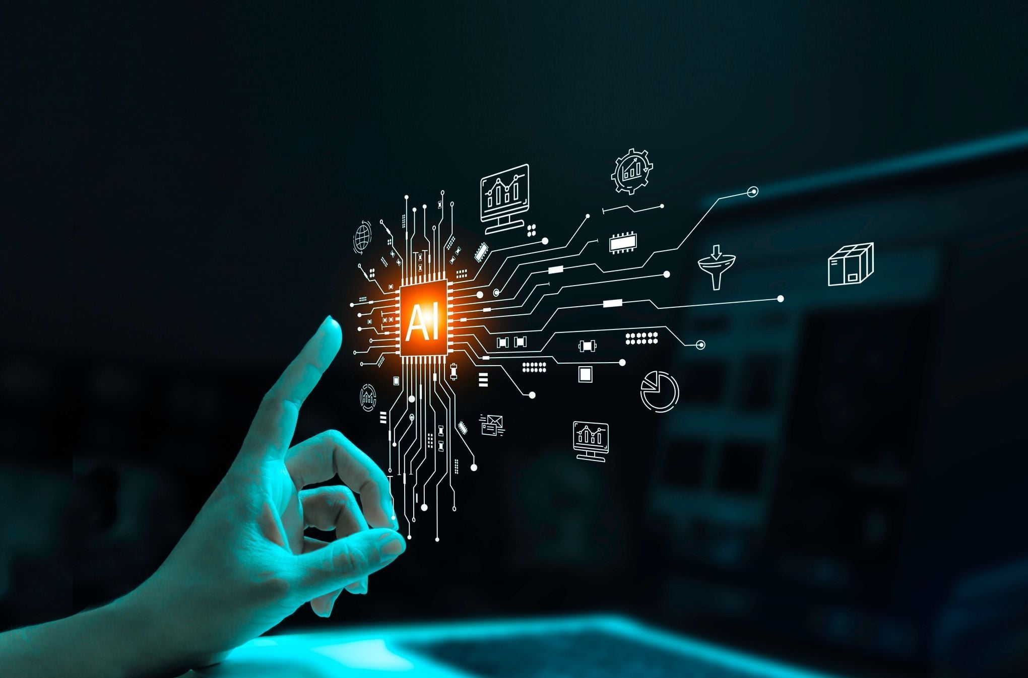 Hand touching digital Dashboard to integrate AI in the daily basis