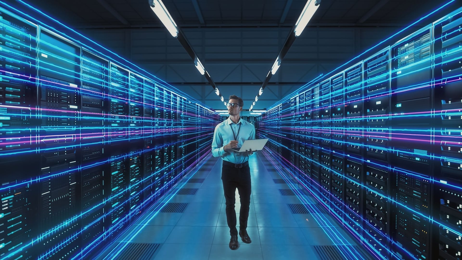 Person walking in a data center thinking about choosing AWS or Azure