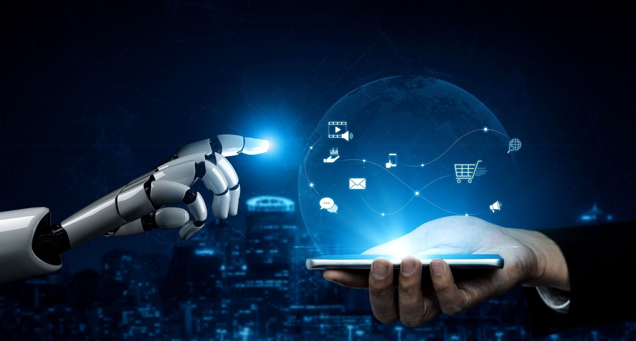 A robotic hand interacting with a digital globe of icons (shopping, email, video) held by a human, symbolizing custom AI development and global connectivity.