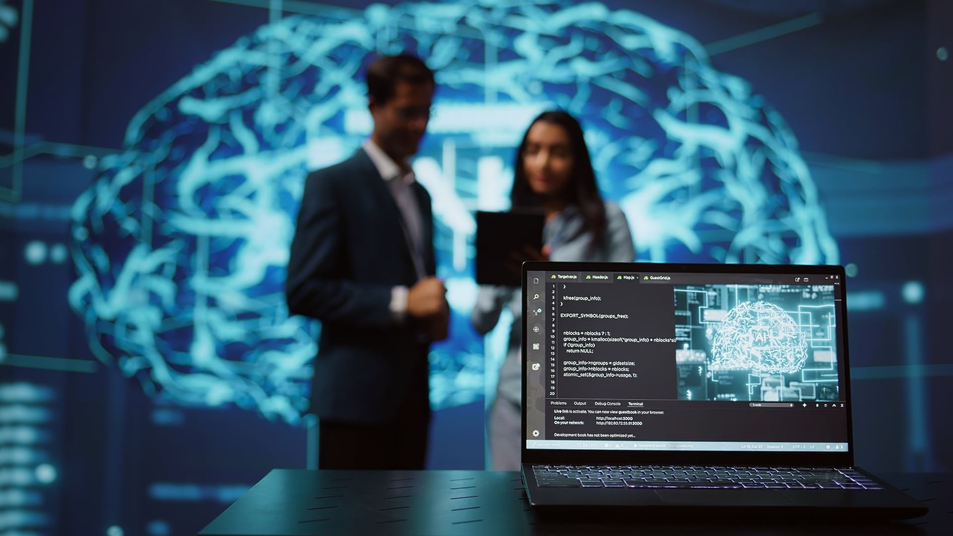 Two software engineers working in a high-tech laboratory, collaborating on a monitor to develop and fine-tune agentic AI automation systems.