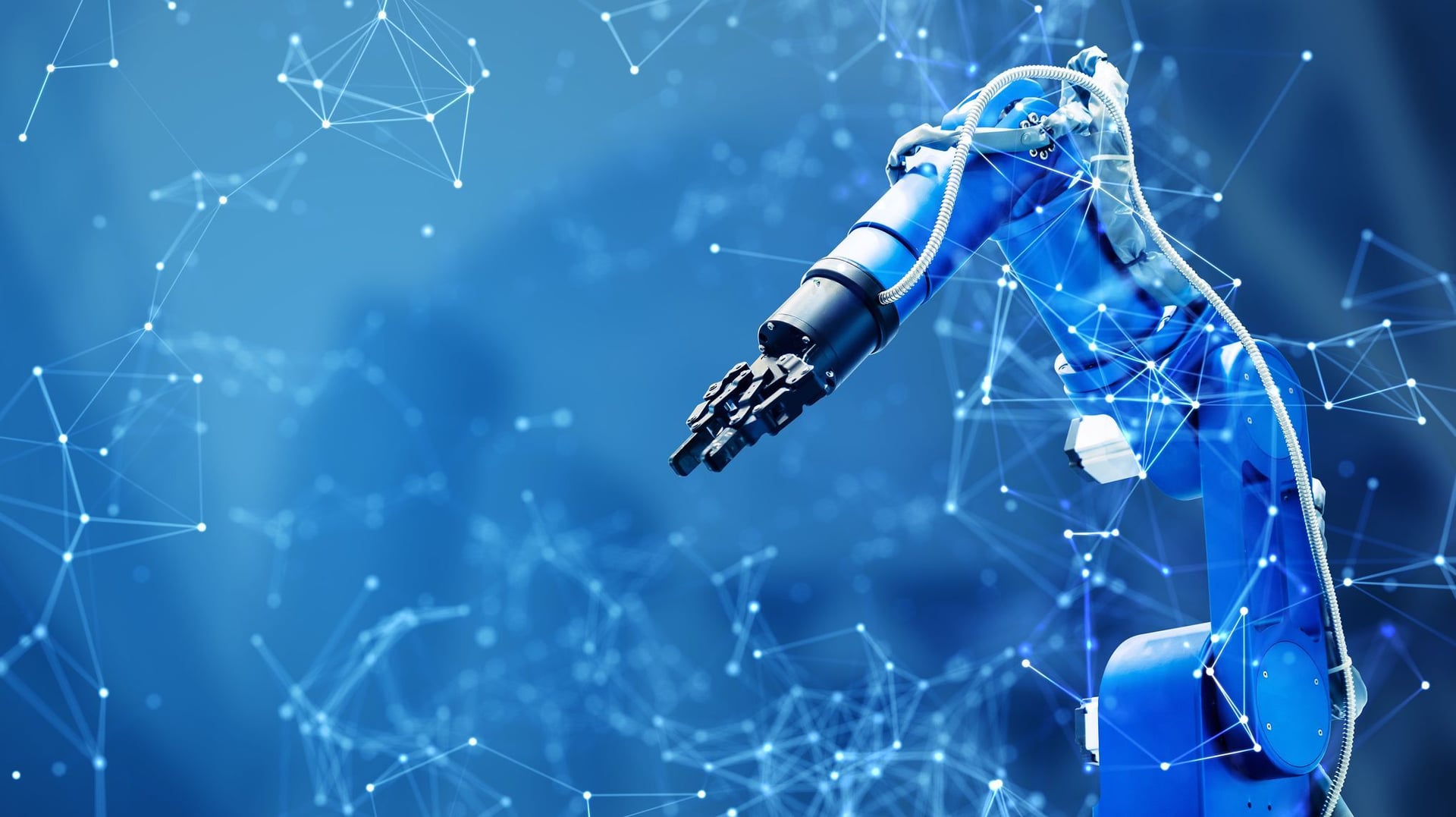 Neural Networking field in a blue background with a robotic arm controlled by AI