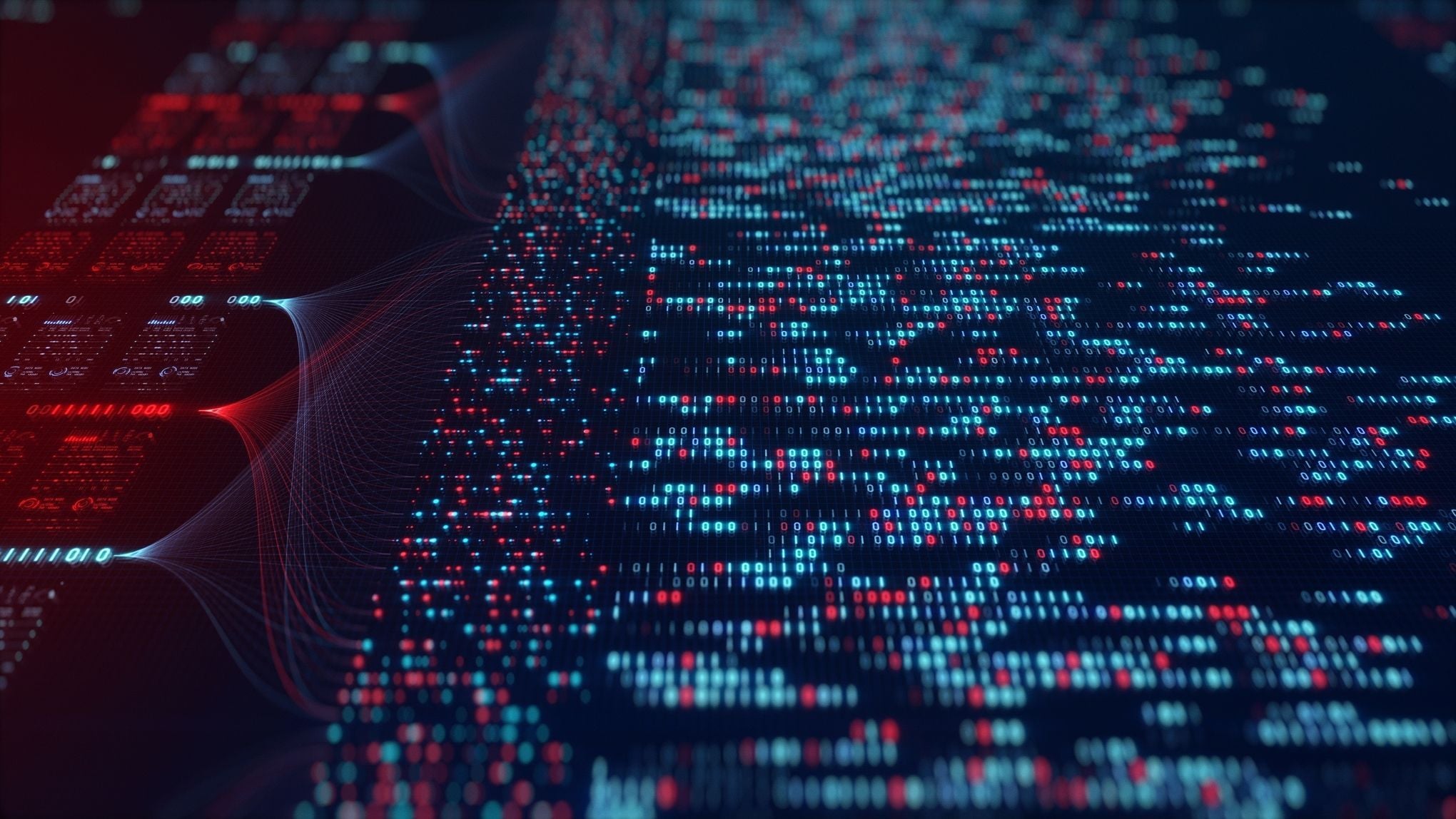 A digital visualization of blue and red binary code patterns flowing into structured data nodes, representing AI processing and data management.