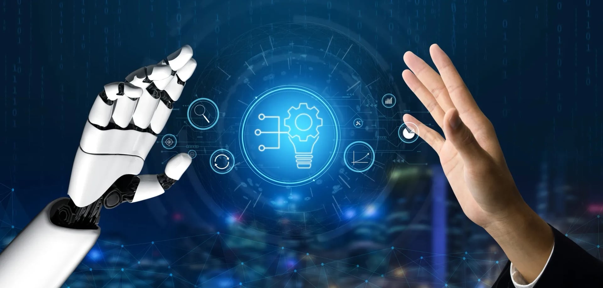 A robotic hand and a human hand reaching toward a glowing blue digital interface featuring a gear and lightbulb, symbolizing the collaboration between AI automation software and human expertise.