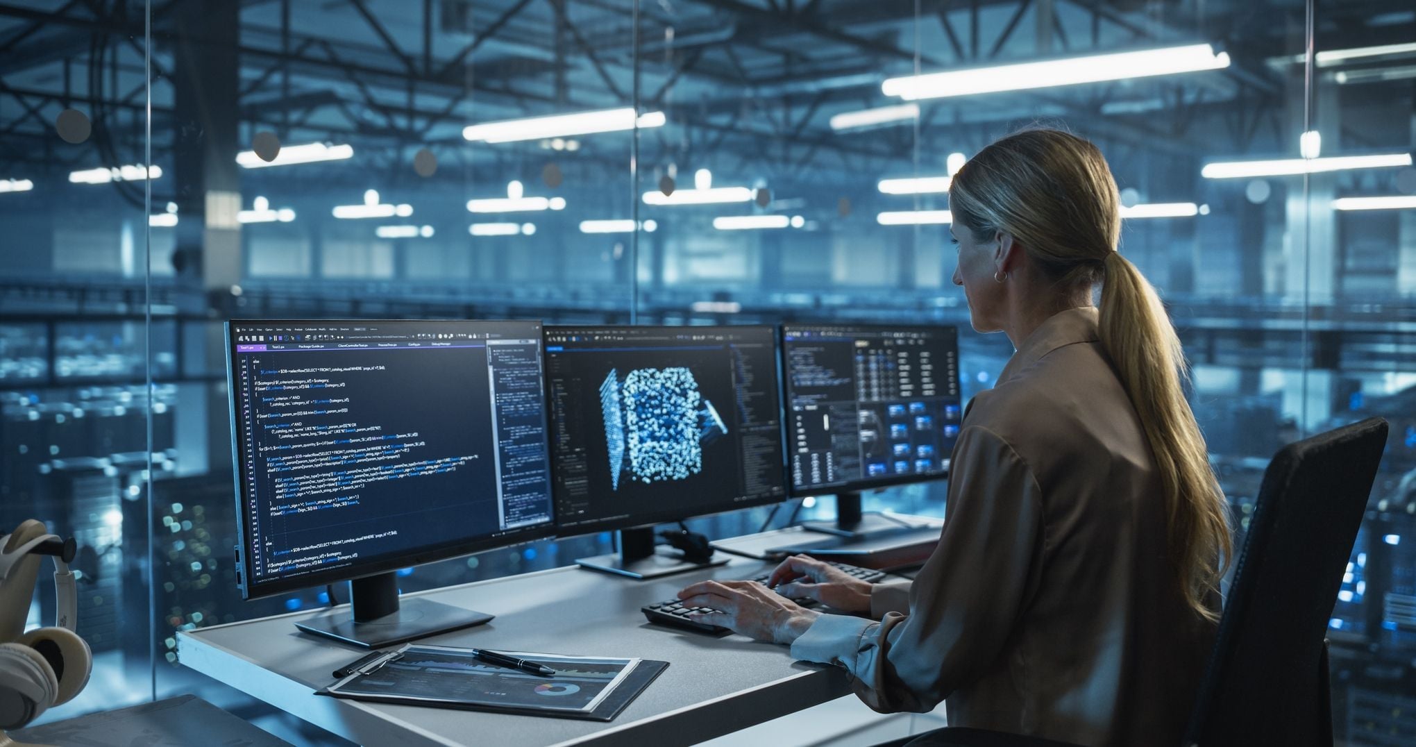 Female software engineer coding and visualizing data on multiple monitors in a modern AI development company workspace