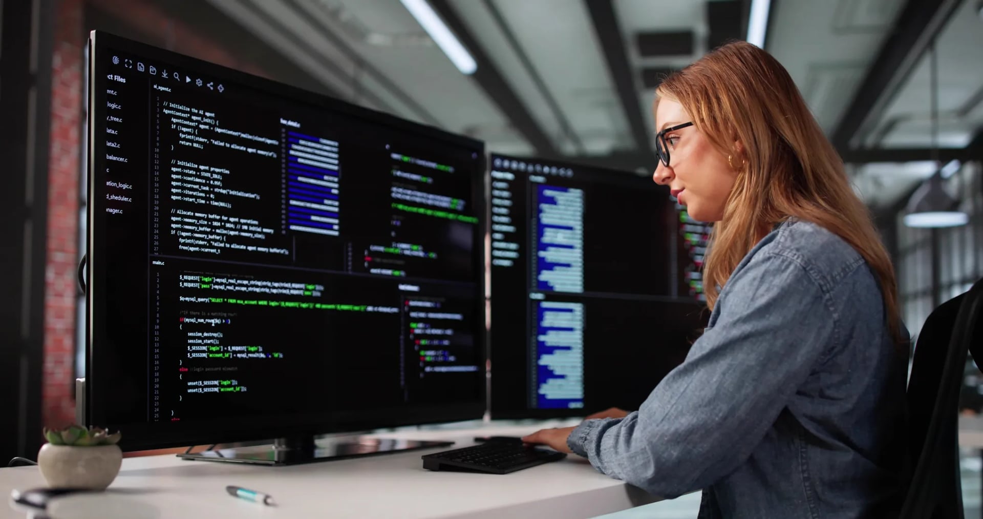 AI engineer working at multiple monitors in a modern office, representing growing competition for AI and software engineering talent.