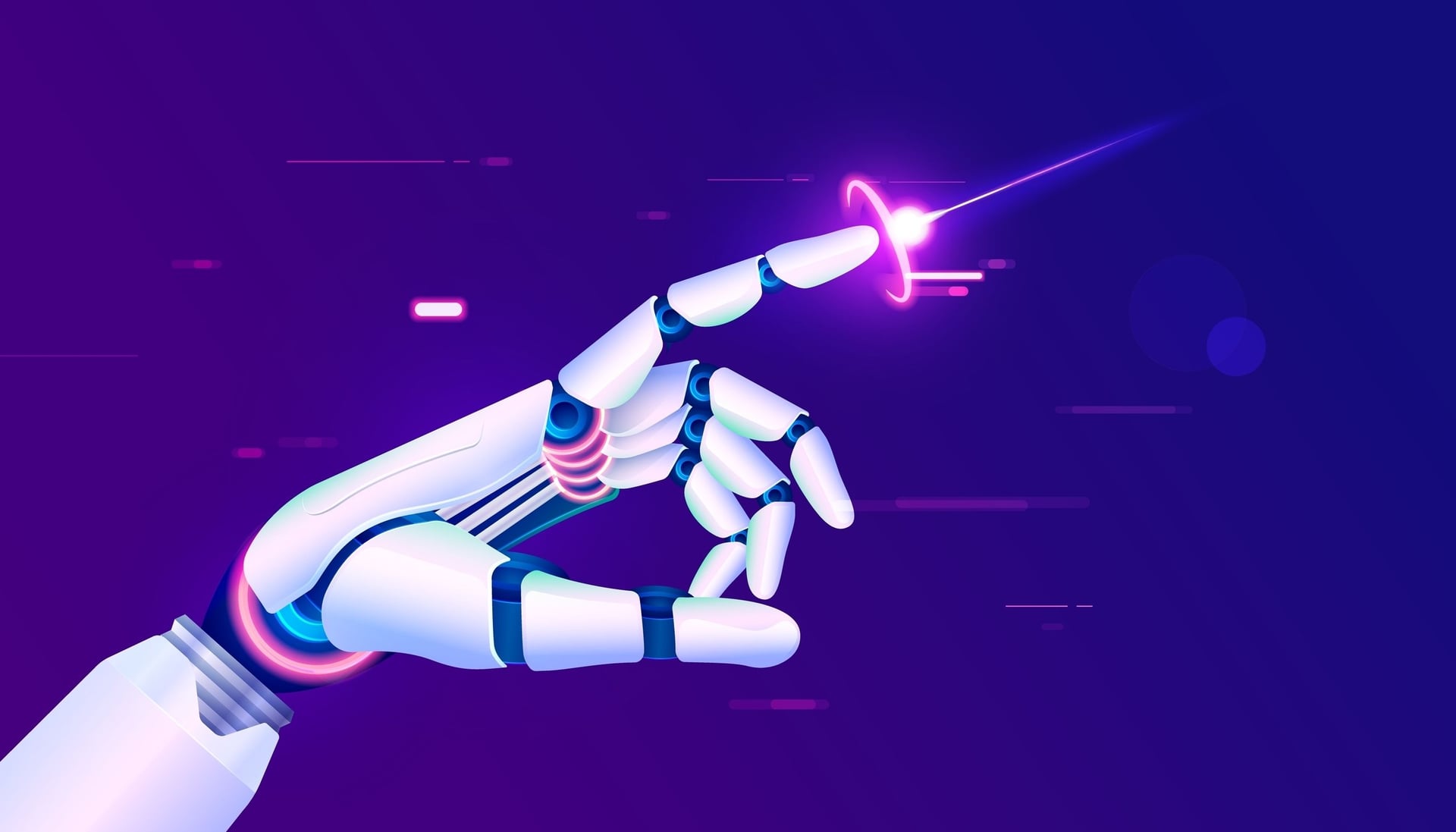 A futuristic robotic hand interacting with a glowing digital point on a purple background, symbolizing artificial intelligence transforming enterprise workflows.