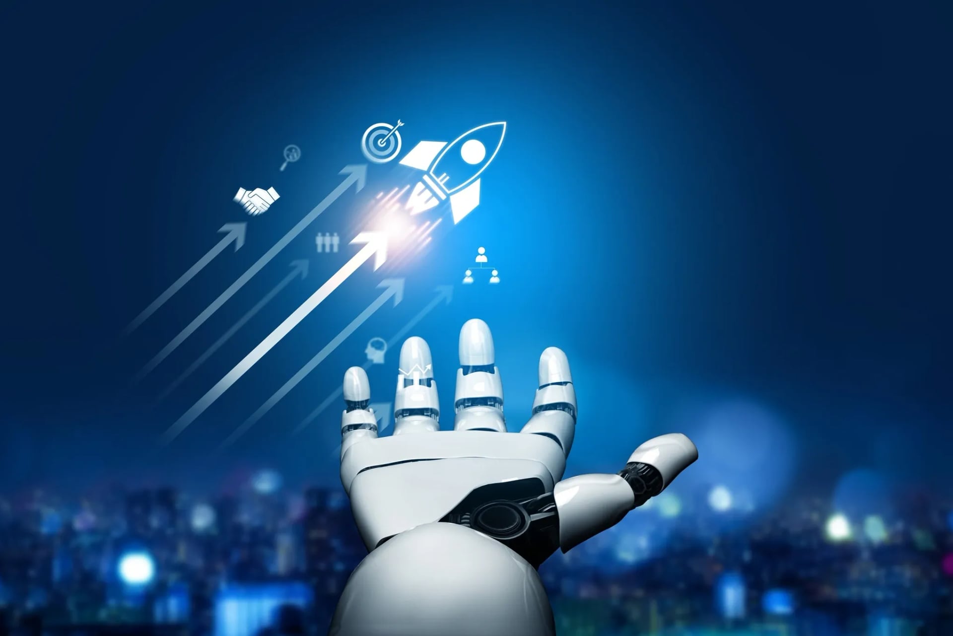A robotic hand reaching upward toward a launching rocket and floating business growth icons, set against a glowing city skyline at night to represent artificial intelligence driving business success.