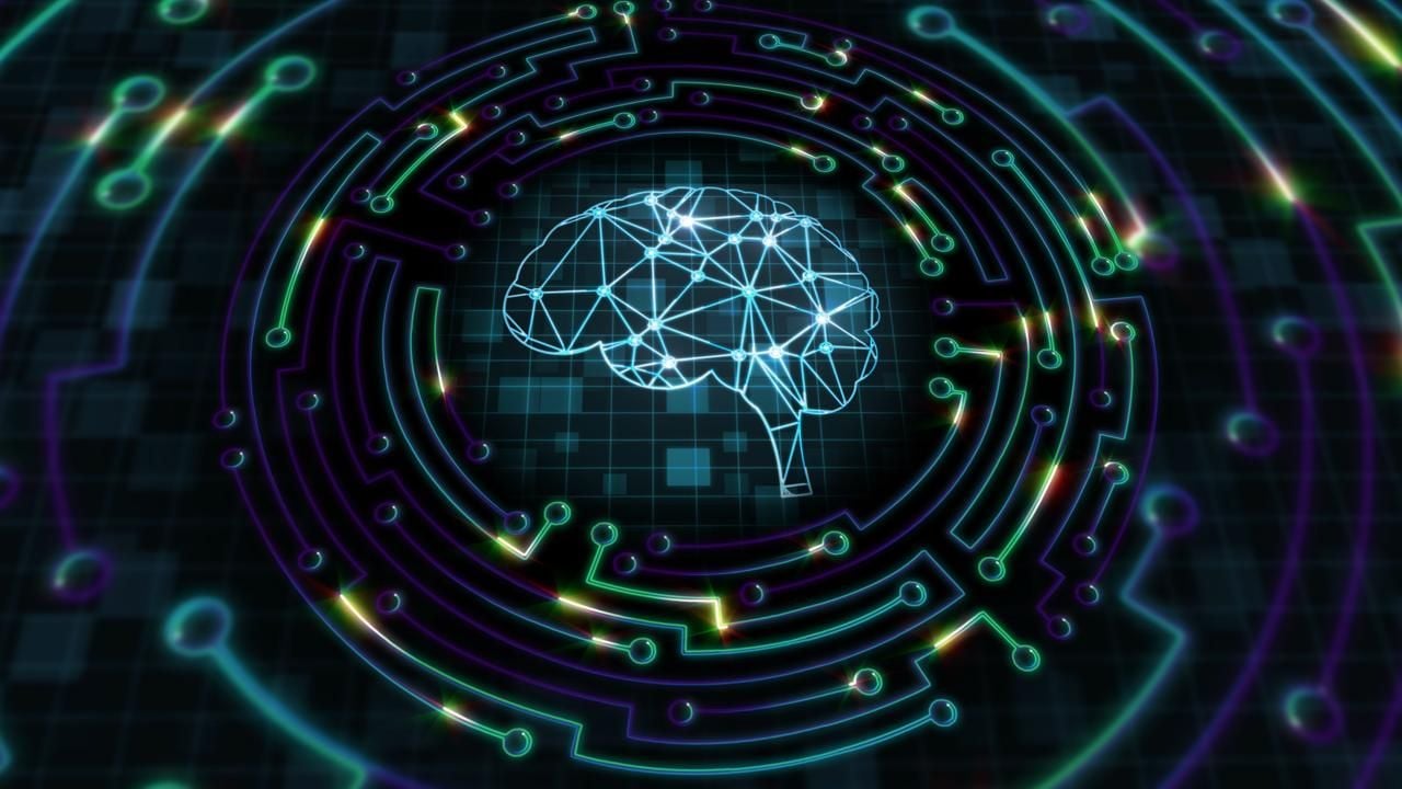 Digital brain surrounded by glowing circuit paths representing AI-driven changes in technology jobs and workforce demand.