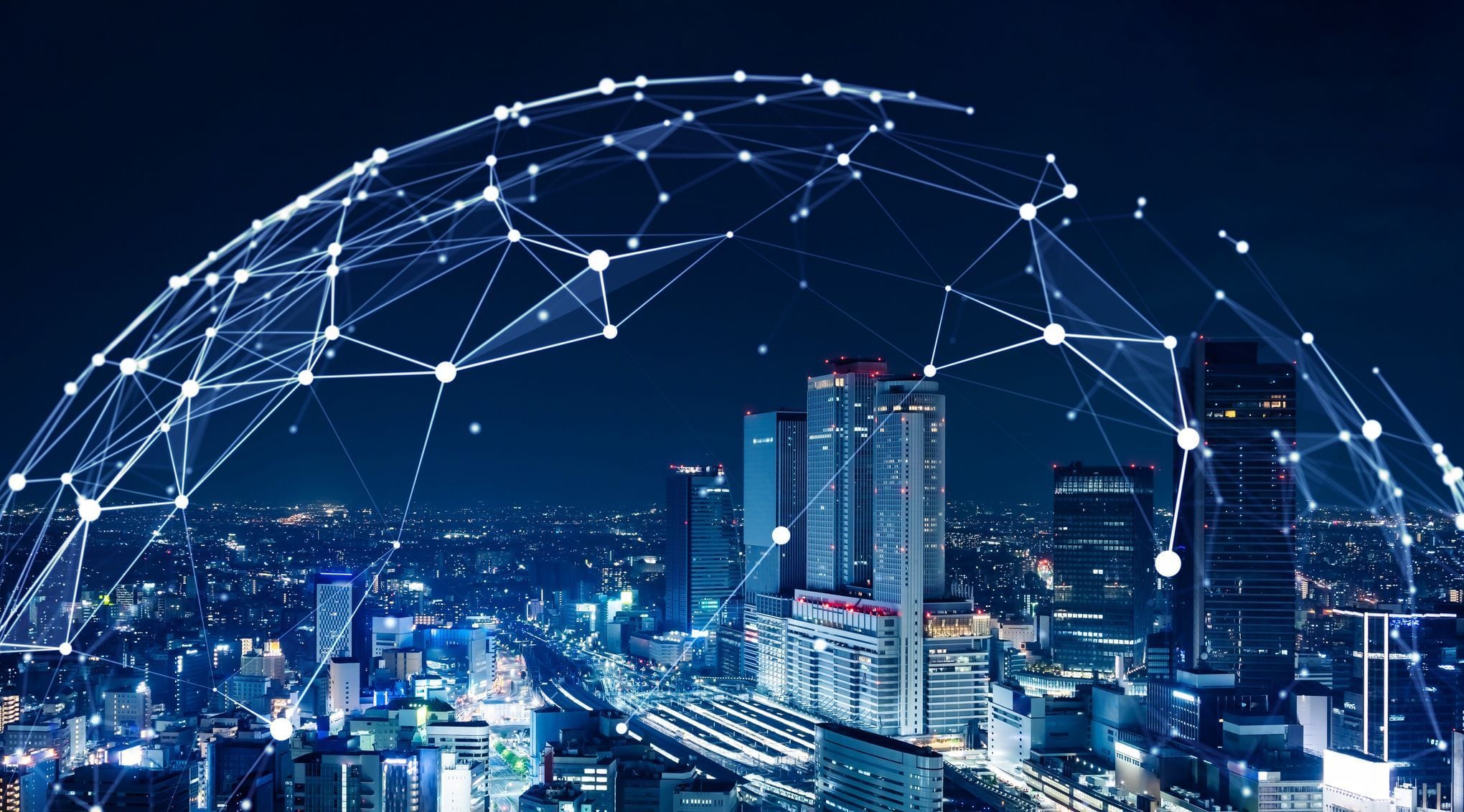 City with a neural network dome with an ai infraestructure