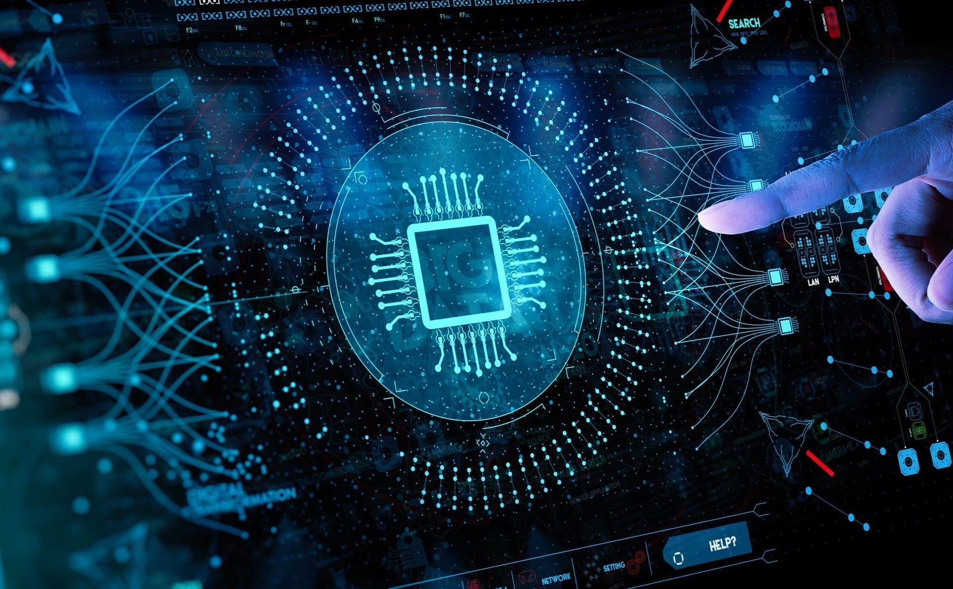 Hand touching digital dashboard with a chip on the middle representing AI