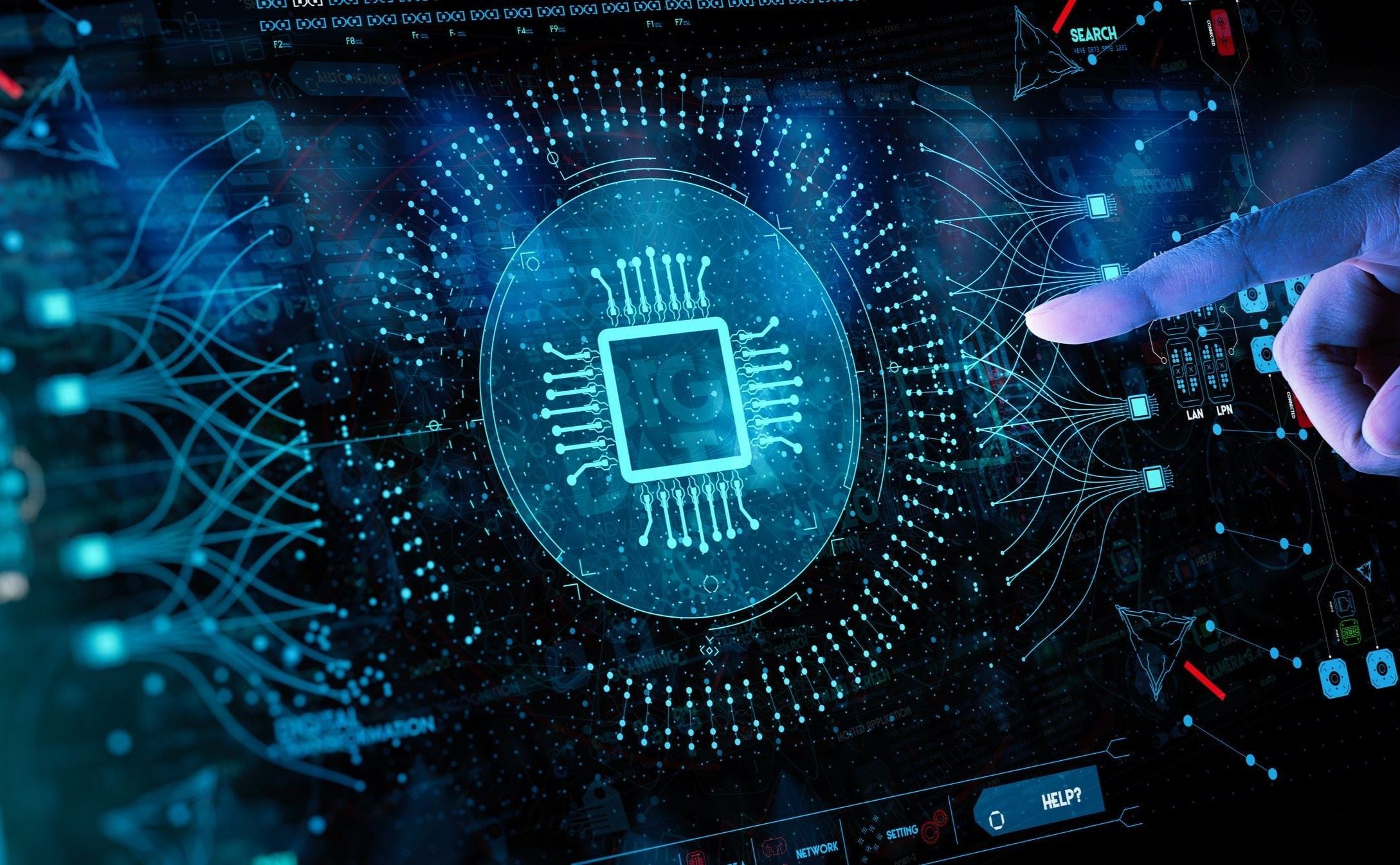 Hand touching digital dashboard with a chip on the middle representing AI