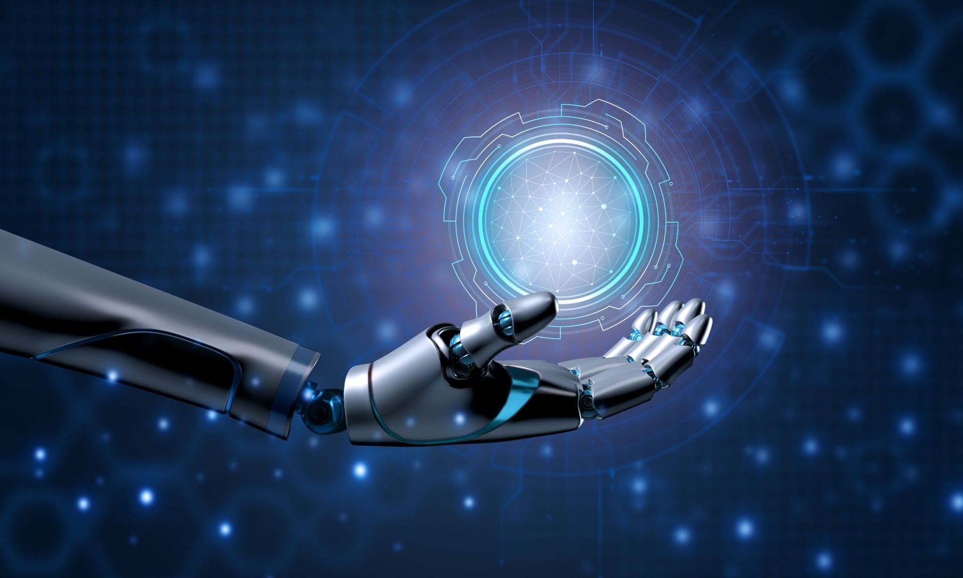 Robotic Hand with atoms in their hand representing AI and integration and future