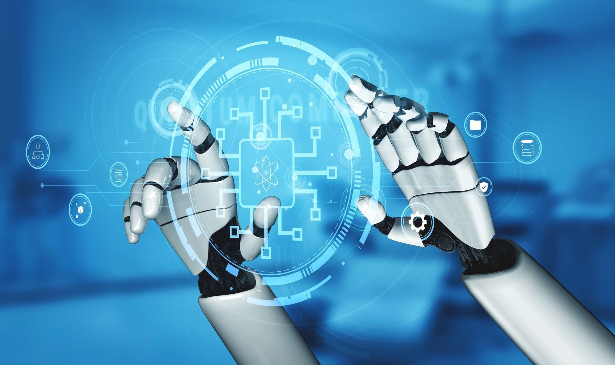 Two robotic hands interacting with a glowing, futuristic digital interface featuring circuit patterns and data icons, representing the transition from Generative to Agentic AI.
