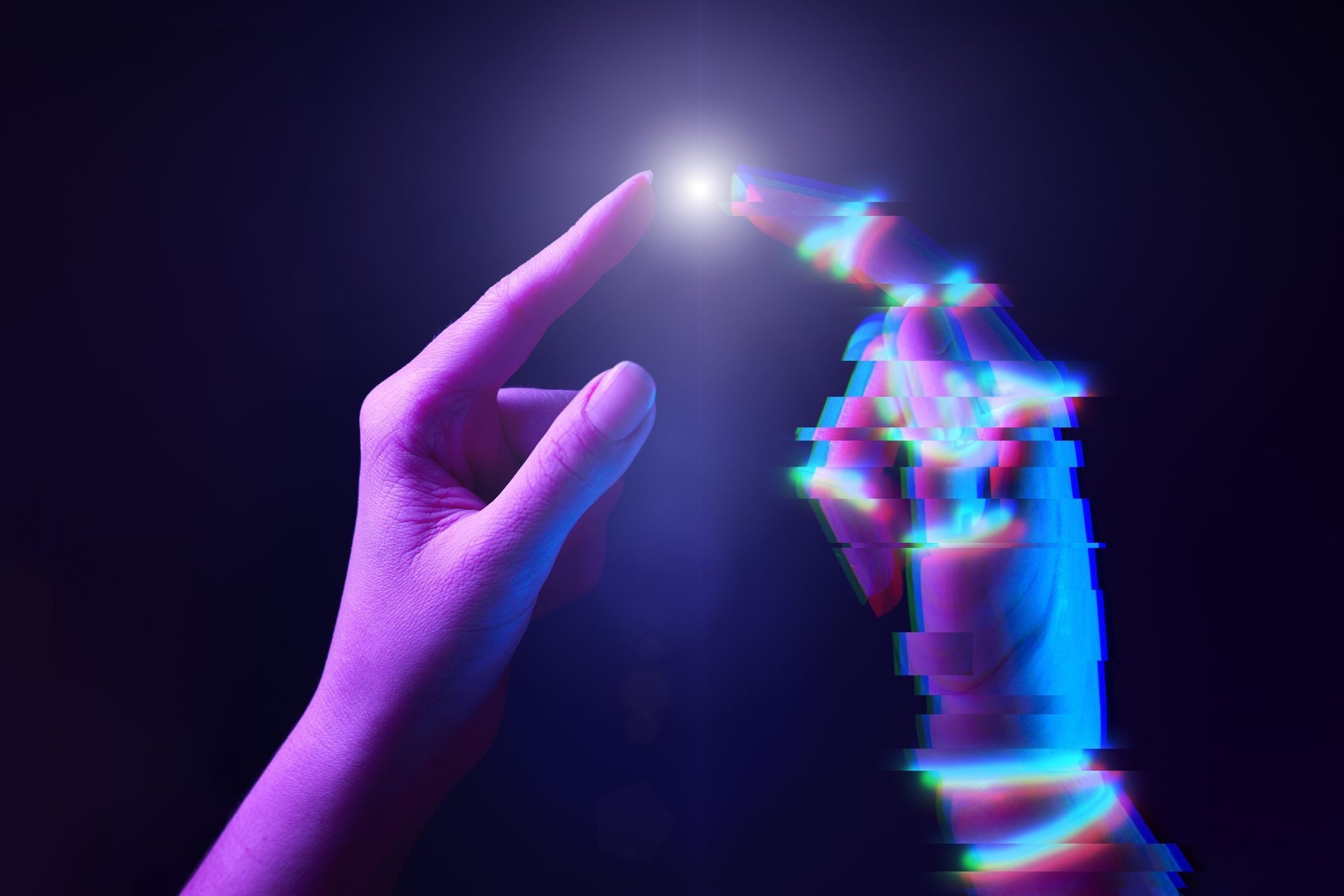 A digital AI agent hand connecting with a human finger, illustrating a real-world case study solution.