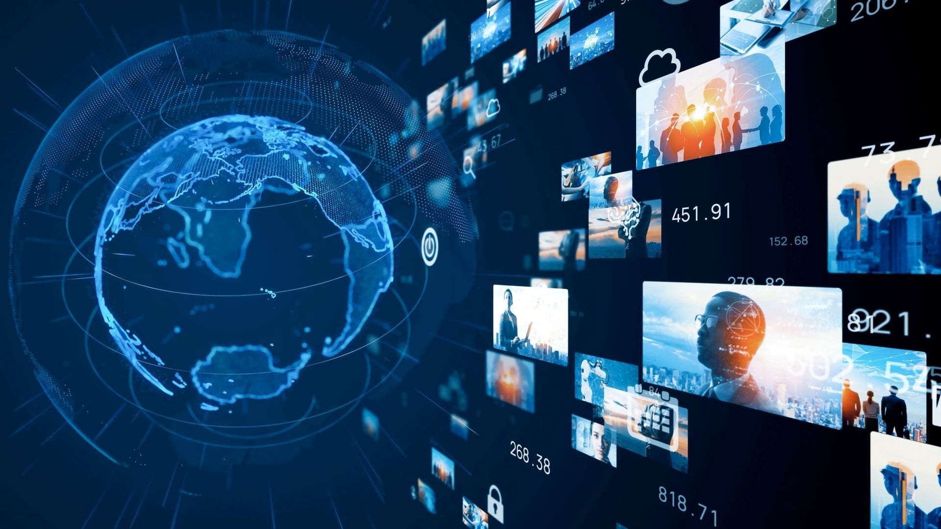A futuristic digital visualization of a glowing 3D Earth globe surrounded by floating screens displaying business professionals, data analytics, and connectivity symbols, representing global digital transformation and innovation.