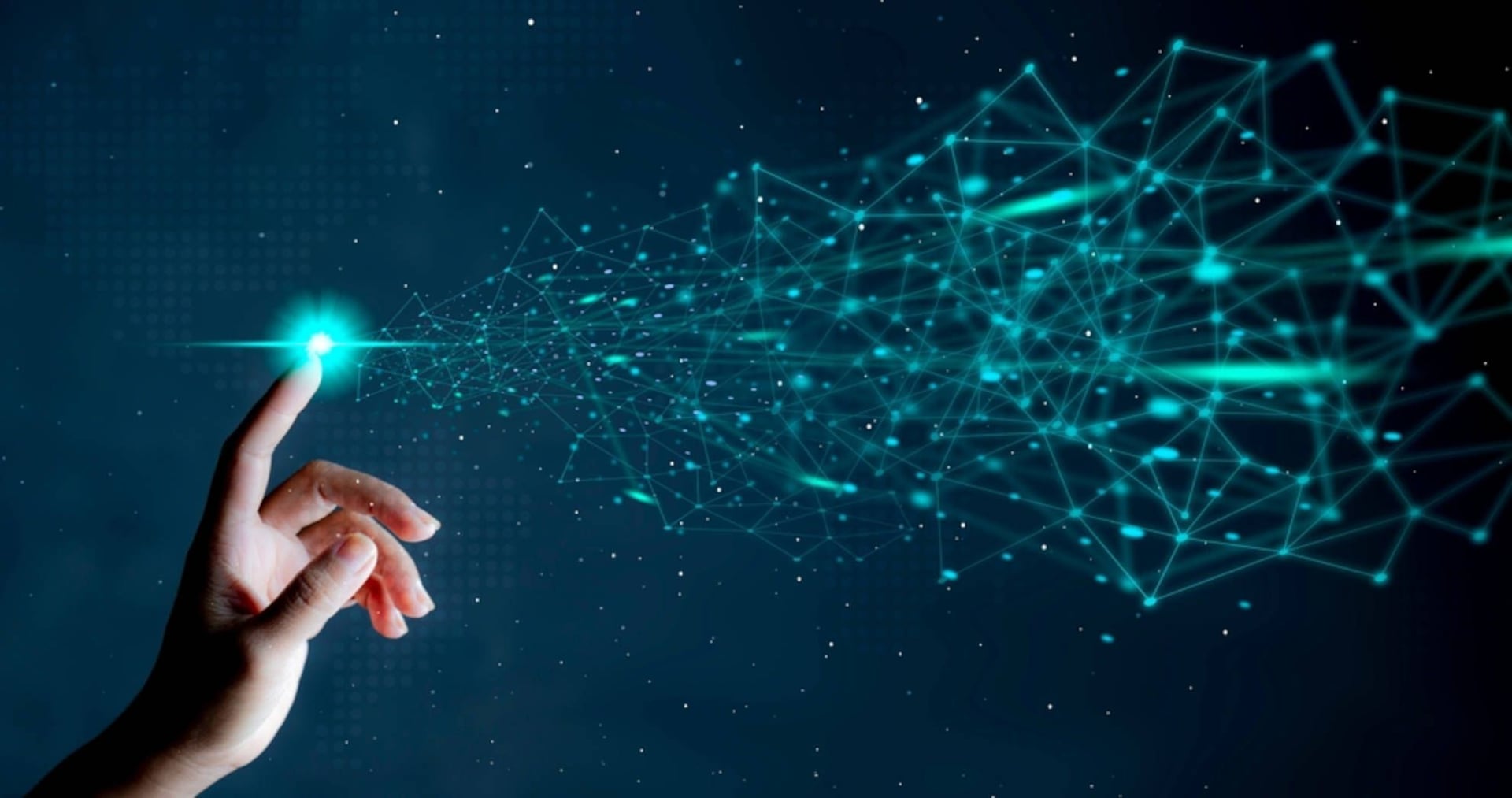 A human hand touching a glowing point in a complex, abstract digital network representing global connectivity and the transformative power of voice recognition technology.